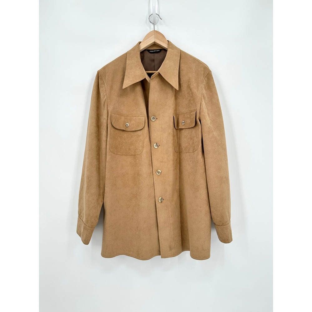 Vintage Halston Halsuede Camel Ultrasuede Safari Shirt Jacket USA‎ 44R Rare
